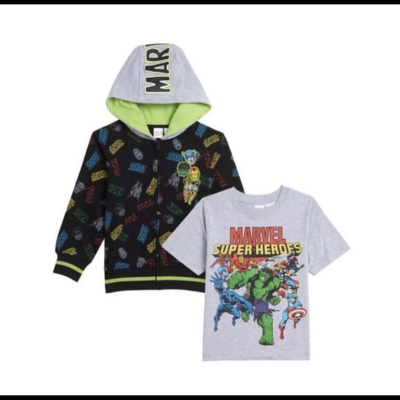 Marvel Kids' Hoodie Black Grey Jacket and Tee Set sizes 4 NWT - Picture 1 of 5